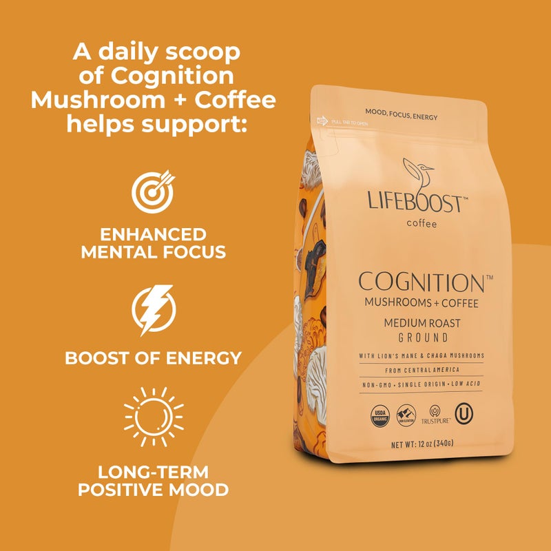 Lifeboost Cognition Adaptogenic Mushroom Coffee - Great Tasting Organic Lions Mane & Chaga Medium Roast Nootropic Coffee - Increase Energy, Boost Focus & Immune Support - 12 oz Bag - Ground - Image 4